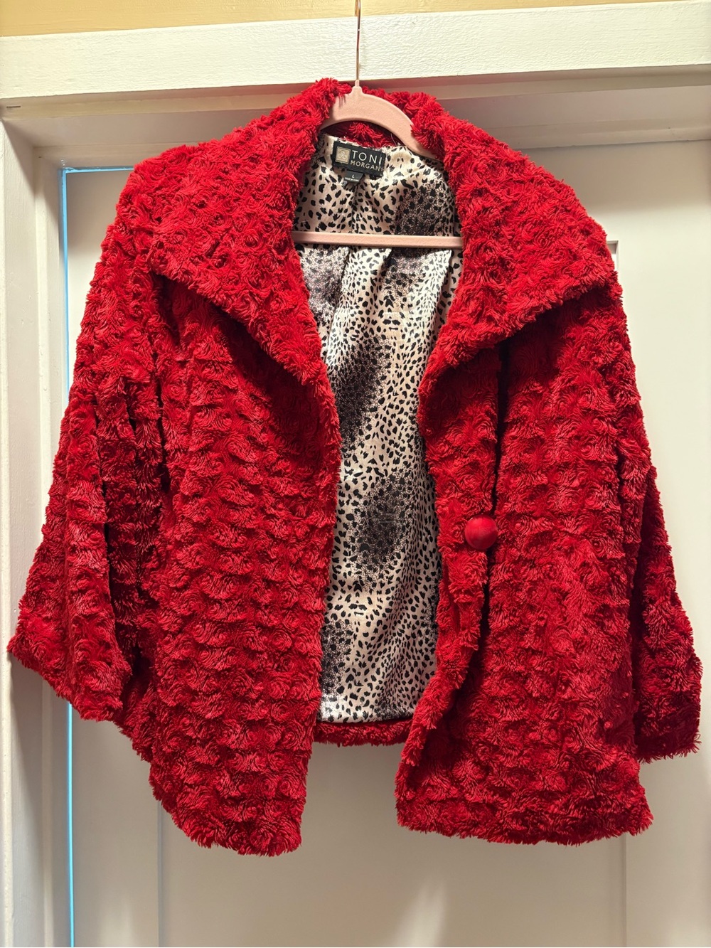 Toni Red Textured Teddy Jacket with Leopard-Print Lining